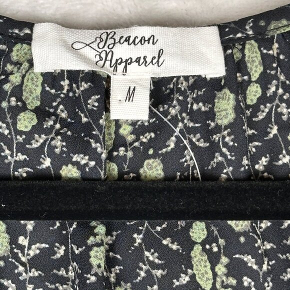 Beacon Apparel Womens Boho Floral Blouse Black Green 3/4 Balloon Sleeve Top M - Picture 5 of 8